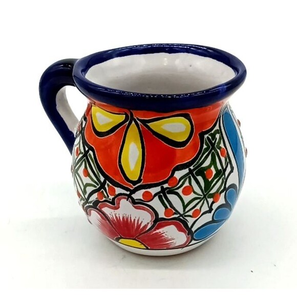 Mexican Talavera Pottery Coffee Cup Blue Trim Hand Painted 3D Colorful Lead Free - Picture 1 of 6